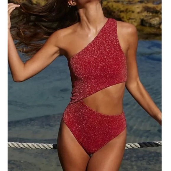 New! Beach Riot Red Metallic Celine One Shoulder One Piece Swimsuit 24391 - Picture 2 of 10